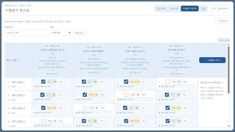 교과별 성취기준과 평가요소, 학생별 완료 체크와 평가 단계를 함께 보는 수행평가표