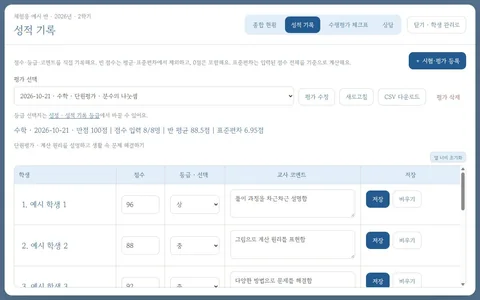 성적과 과제 이력 함께 보기 실제 화면 · 예시 자료